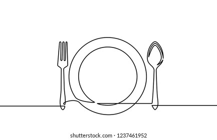 Continuous one line drawing. restaurant logo. plate, fork and spoon. Drawing by hand on a sign or business cards in a cafe. Black and white vector illustration.