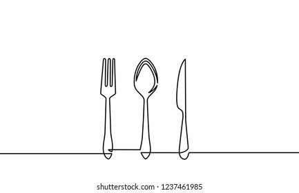 Continuous one line drawing. restaurant logo. knife, fork and spoon. Drawing by hand on a sign or business cards in a cafe. Black and white vector illustration.