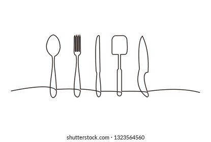 Continuous one line drawing. restaurant logo. knife, fork and spoon.. Black and white vector illustration. - Vector 