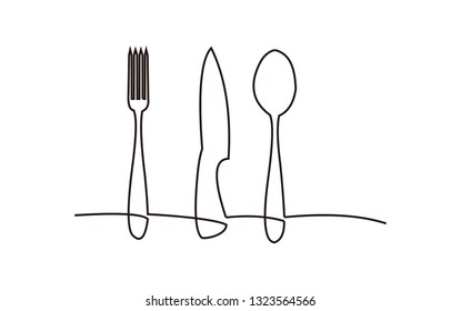 Continuous one line drawing. restaurant logo. knife, fork and spoon.. Black and white vector illustration. - Vector 