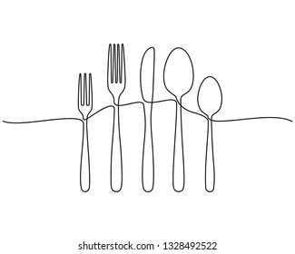 Continuous one line drawing of restaurant logo. plate, knife, fork and spoon. Black and white vector illustration. - Vector