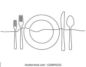 Continuous one line drawing of restaurant logo. plate, knife, fork and spoon. Black and white vector illustration. - Vector