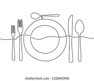 Continuous one line drawing of restaurant logo. plate, knife, fork and spoon. Black and white vector illustration. - Vector