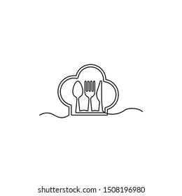 Continuous one line drawing. restaurant logo. knife, fork and spoon. Drawing by hand on a sign or business cards in a cafe. Black and white vector illustration.