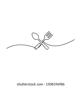 Continuous one line drawing. restaurant logo. knife, fork and spoon. Drawing by hand on a sign or business cards in a cafe. Black and white vector illustration.