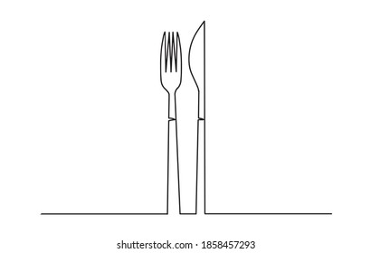 Continuous one line drawing. restaurant logo. knife, fork and spoon. Drawing by hand on a sign or business cards in a cafe. Black and white vector illustration. Fork and knife continuous line vector.