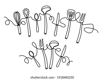 Continuous one line drawing. restaurant logo. Black and white vector illustration. Kitchen stuff one line continuous drawing minimalist design on white background