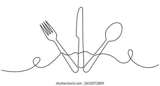Continuous one line drawing of restaurant logo. knife, fork and spoon. Black and white vector, Silverware Continuous Line Icon, Spoon, knife and fork one continuous line art drawing, one continuous