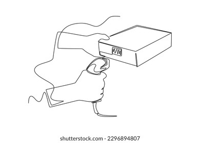 Continuous one line drawing retail woman cashier with barcode scanner. Business activity concept in market. Single line draw design vector graphic illustration.