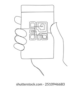 Digitalizador de código de barras de desenho contínuo de uma linha Digitalizador de código de barras Desenho de linha única ilustração gráfica vetorial, tela de smartphone para pagamento on-line, tecnologia de código de barras de digitalização com scanner de código qr em digital inteligente 