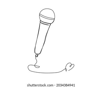 Dibujo continuo de una línea del icono del micrófono retro en silueta sobre un fondo blanco. Linear estilizado.