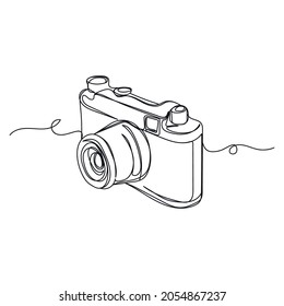 Continuous one line drawing of retro photo camera in silhouette on a white background. Linear stylized.