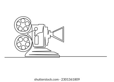 Kontinuierliche Zeichnung einer Linie eines Retro-Kinoprojektors. Vintage-Kinoprojektor einzeln auf weißem Hintergrund. Vektorgrafik