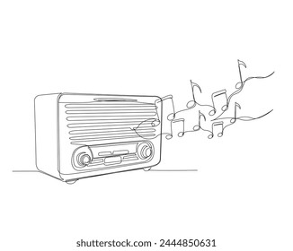 Continuous one line drawing of retro classic radio player. vintage radio and note music in single line vector illustration. Editable stroke.