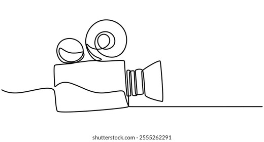 Continuous one line drawing of a retro cinema camera. Vintage cinema camera isolated on a white background. Vector illustration, Continuous line drawing from video camera, Continuous one line drawing.