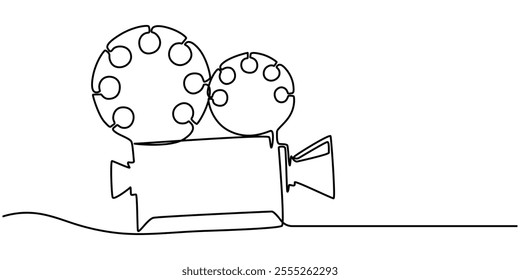 Continuous one line drawing of a retro cinema camera. Vintage cinema camera isolated on a white background. Vector illustration, Continuous line drawing from video camera, Continuous one line drawing.