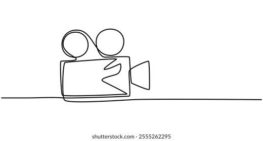 Continuous one line drawing of a retro cinema camera. Vintage cinema camera isolated on a white background. Vector illustration, Continuous line drawing from video camera, Continuous one line drawing.