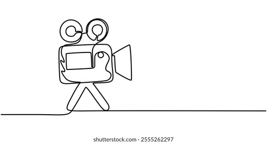 Continuous one line drawing of a retro cinema camera. Vintage cinema camera isolated on a white background. Vector illustration, Continuous line drawing from video camera, Continuous one line drawing.