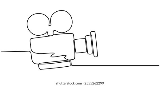 Continuous one line drawing of a retro cinema camera. Vintage cinema camera isolated on a white background. Vector illustration, Continuous line drawing from video camera, Continuous one line drawing.