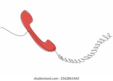 Continuous one line drawing retro telephone receiver with coiled cord. The telephone cable is thick and tangles easily. Vintage. National Telephone Day. Single line draw design vector illustration