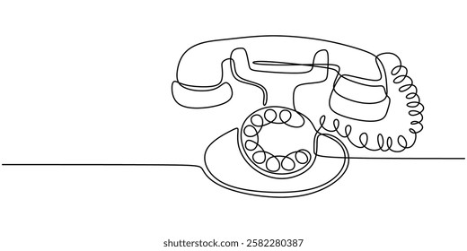 Continuous one line drawing of a retro telephone. Symbol of classic communication devices and historical technology. Vector illustration hand drawn.