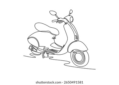 Continuous one line drawing retro scooter transport. Modern scooter motorcycle for urban citizen. Cute stylish vintage retro scooter for delivery. Single line draw design vector graphic illustration
