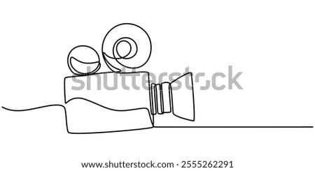 Continuous one line drawing of a retro cinema camera. Vintage cinema camera isolated on a white background. Vector illustration, Continuous line drawing from video camera, Continuous one line drawing.