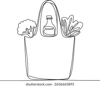 Continuous one line drawing of a reusable shopping bag filled with broccoli, bottle, and leafy vegetables in minimalist black and white style

