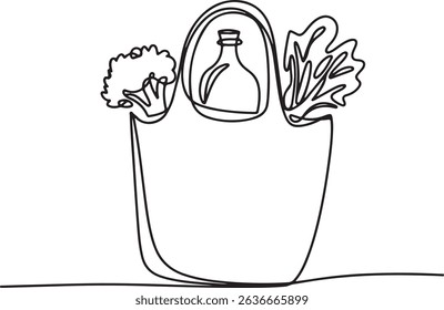 Continuous one line drawing of a reusable shopping bag filled with broccoli, bottle, and leafy vegetables in minimalist black and white style

