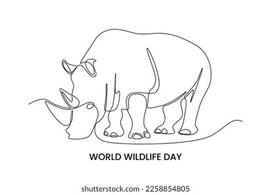 Continuous one line drawing rhino. World wildlife day concept. Single line draw design vector graphic illustration.