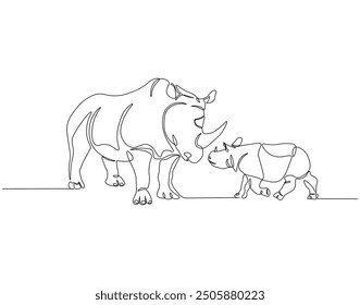 Dibujo continuo de una línea de rinoceronte y bebé rinoceronte. Ilustración de dibujo de una sola línea de animales rinocerontes. Arte de línea del concepto del día internacional de Rhino. Esquema editable