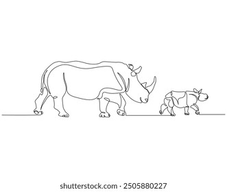 Dibujo continuo de una línea de rinoceronte y bebé rinoceronte. Ilustración de dibujo de una sola línea de animales rinocerontes. Arte de línea del concepto del día internacional de Rhino. Esquema editable