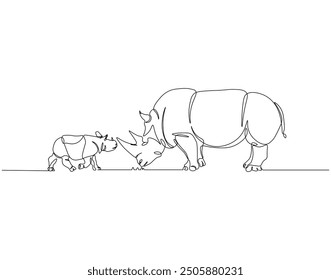 Continuous one line drawing of rhino and baby rhino. Single line drawing illustration of rhino animals. Rhino international day concept line art. Editable outline