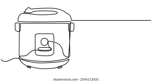  Continuous one line drawing rice cooker. Home appliances concept. Single line draw design vector graphic illustration, Single continuous line drawing of rice cooker. Electronic small home business.