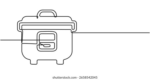 Desenho contínuo de uma linha de uma panela de arroz com uma tampa redonda, retratando a cozinha e a conveniência do dia a dia, ilustração vetorial de estilo de arte de linha.