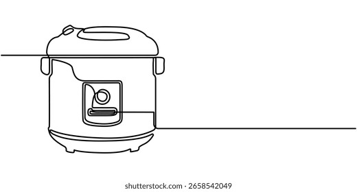 Kontinuierliche einzeilige Zeichnung eines Reiskochers mit rundem Deckel, die das Kochen und den alltäglichen Komfort zeigt, Vektorgrafik im Linienkunststil.