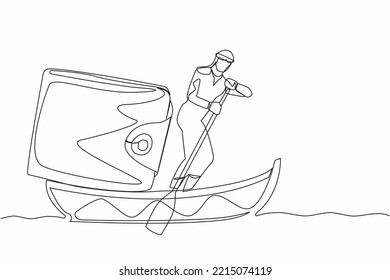 Continuous one line drawing rich Arab businessman sailing away on boat with purse. Financial planning strategy for personal use. Money management. Single line draw design vector graphic illustration