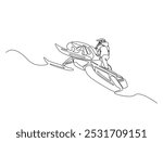 Continuous one line drawing of rider snowmobile extreme sport. Man riding snow scooter line art vector illustration. Editable vector. 
