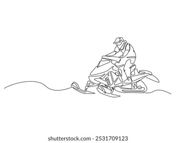 Continuous one line drawing of rider snowmobile extreme sport. Man riding snow scooter line art vector illustration. Editable vector. 
