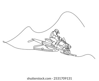 Continuous one line drawing of rider snowmobile extreme sport. Man riding snow scooter line art vector illustration. Editable vector. 
