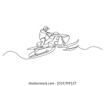 Continuous one line drawing of rider snowmobile extreme sport. Man riding snow scooter line art vector illustration. Editable vector. 
