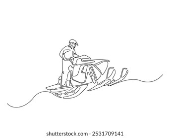 Continuous one line drawing of rider snowmobile extreme sport. Man riding snow scooter line art vector illustration. Editable vector. 
