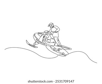 Continuous one line drawing of rider snowmobile extreme sport. Man riding snow scooter line art vector illustration. Editable vector. 
