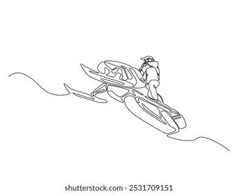 Continuous one line drawing of rider snowmobile extreme sport. Man riding snow scooter line art vector illustration. Editable vector. 
