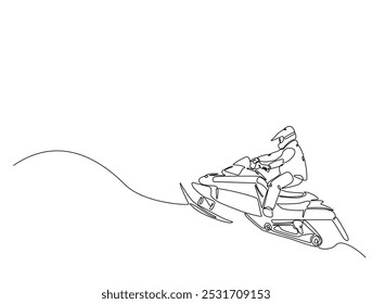 Continuous one line drawing of rider snowmobile extreme sport. Man riding snow scooter line art vector illustration. Editable vector. 
