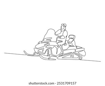 Continuous one line drawing of rider snowmobile extreme sport. Man riding snow scooter line art vector illustration. Editable vector. 
