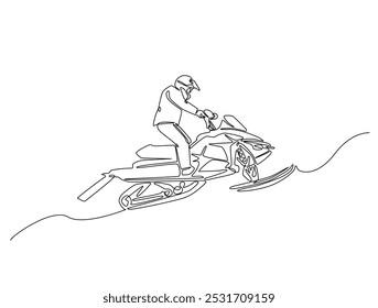 Continuous one line drawing of rider snowmobile extreme sport. Man riding snow scooter line art vector illustration. Editable vector. 
