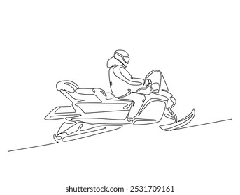 Continuous one line drawing of rider snowmobile extreme sport. Man riding snow scooter line art vector illustration. Editable vector. 
