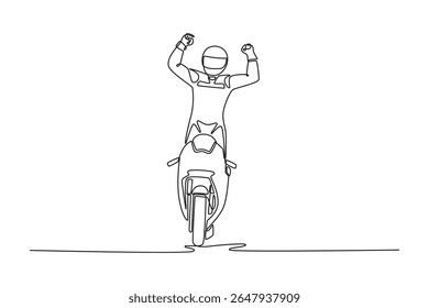 Continuous one line drawing rider standing on his motorcycle celebrating the end of the super bike championship. Happy racer win moto sports racing. Single line draw design vector graphic illustration