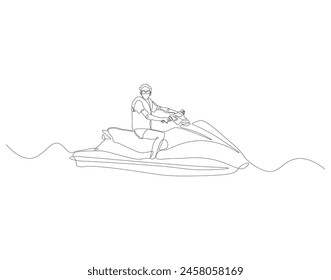 Continuous one line drawing of riding jet ski. One line drawing illustration of jet ski sport. Extreme sea sport concept continuous line art. Editable outline.
